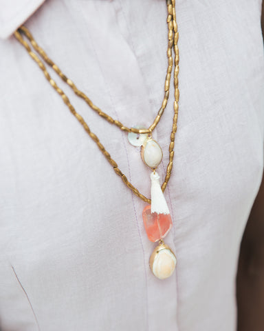 Ethiopian beaded necklace with cherry quartz and Diani Beach shell